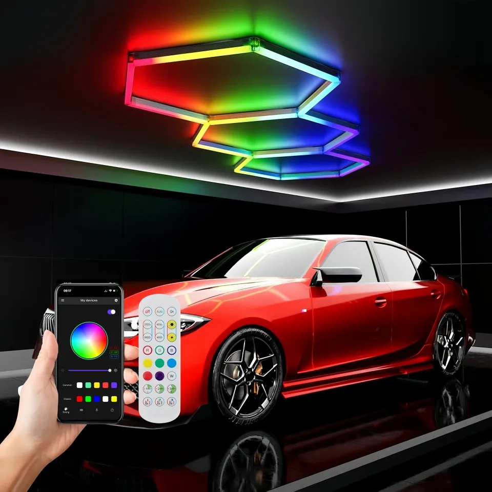 Éclairage LED hexagonal RGB pour garage, lumières de plafond en nid d'abeille à changement de couleur RGB pour garage automobile, salle de sport, salon de coiffure, fête, club, scène