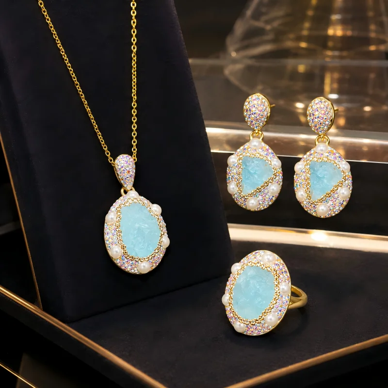 

Aquamarine Raw Stone Jewelry Set for Women Pearl Czech Diamond Necklace Earrings Ring Gift