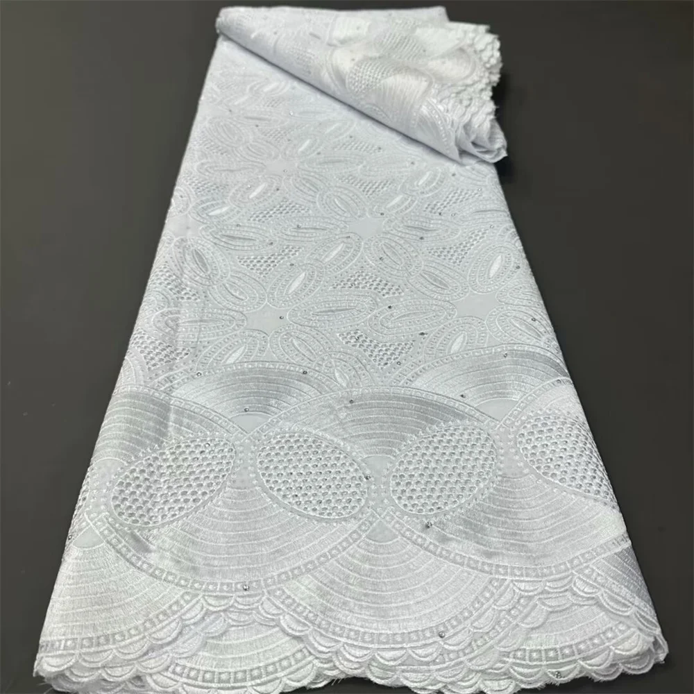 2024 NEW 5 Yards Nigerian 100% Cotton Fabric Satin Embroidery Fabric High Quality Swiss Voile Lace Material Men Dubai Style