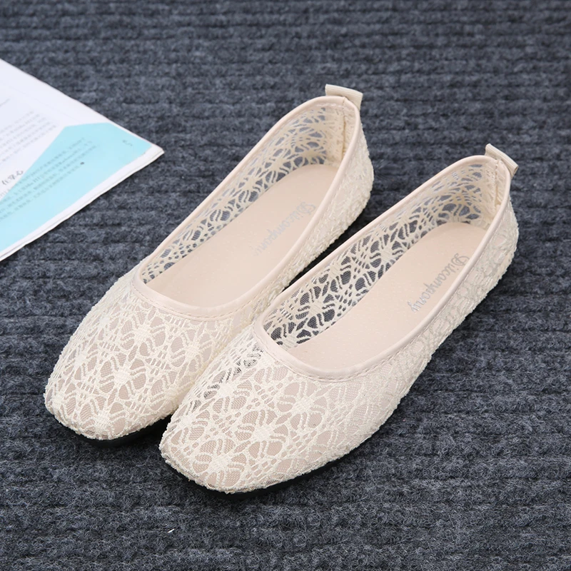 Women\'s Transparent Lace Soft Flats Ladies Square Toe Sexy Black Boat Shoes Summer Breathable Beige Non-Slip Flat Shoes 35-40