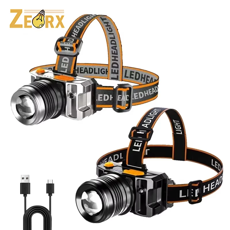 كشاف أمامي LED قابل لإعادة الشحن بمستشعر للحركة، مصباح يدوي قابل للتكبير، سطوع عالي للمشي لمسافات طويلة والجري والإصلاح وصيد الأسماك