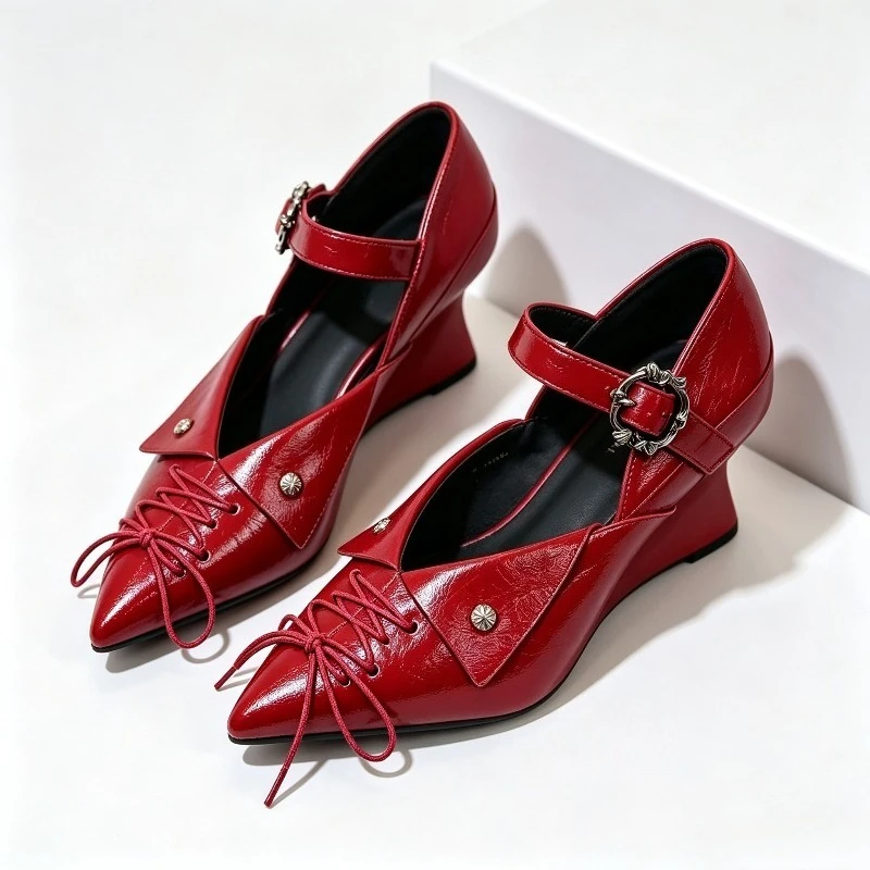 Chaussures compensées pour femme à lanières croisées, style Mary Jane, avec détails rivets et boucles, escarpins élégants à bout pointu pour femme