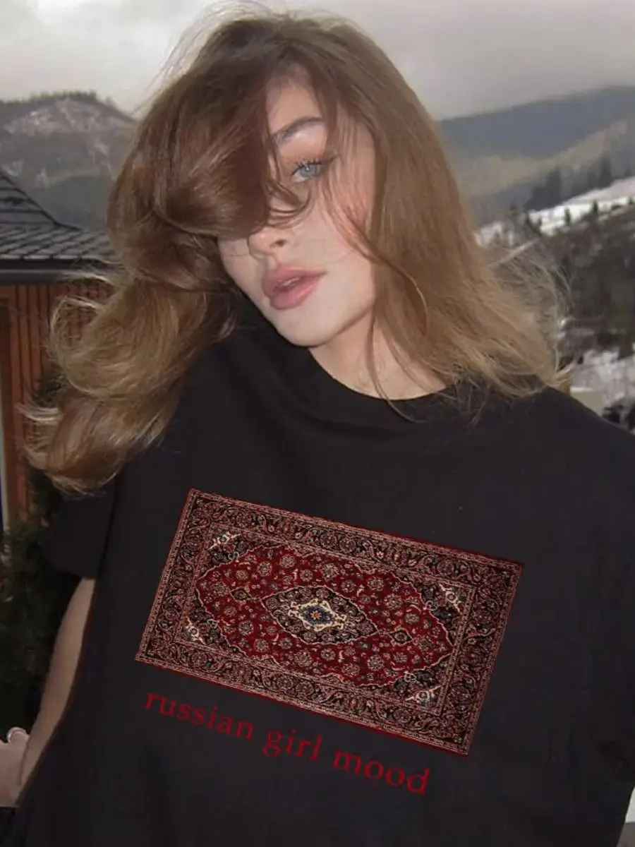 Chic Sweet Cotton T-Shirt Vintage Red Persian Oriental Rug Carpet Graphic Russian Girl Mood Print Loose Casual Short Sleeve Tee