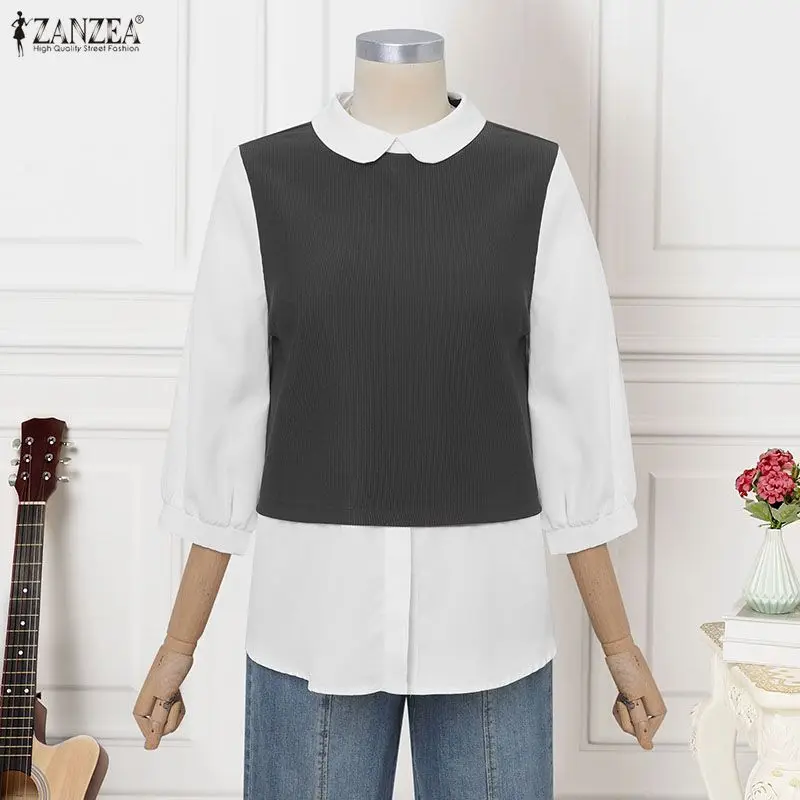 

2026 ZANZEA Женская модная блузка с воротником Питер Пэн, рукавом 3/4, цветными вставками, элегантная рубашка для офиса, повседневный топ