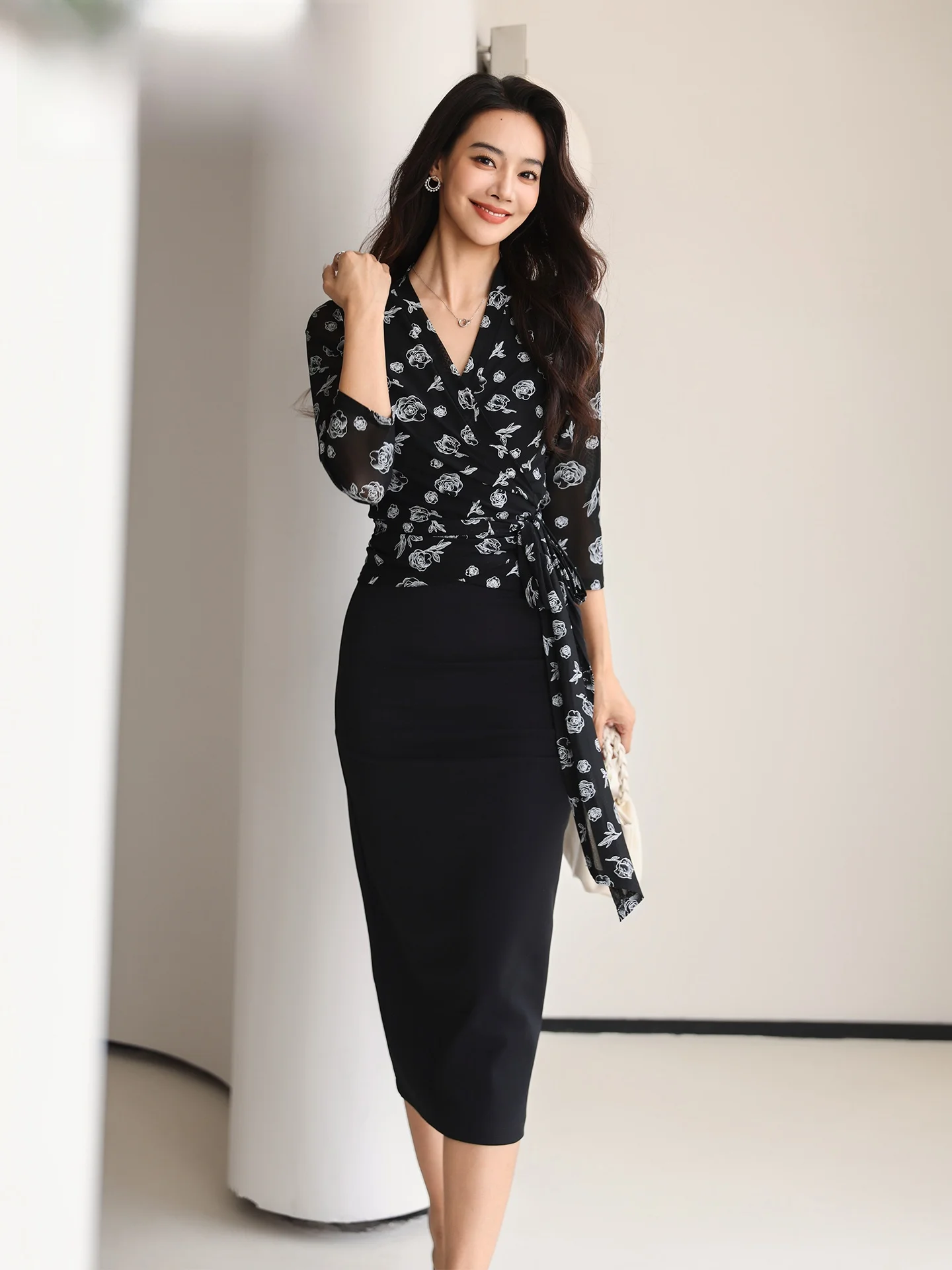 

Ele Rose Print Wrap irt Women's Slimming Belted Top Breathable Polyester Spandex Blend Busin Casual Wear