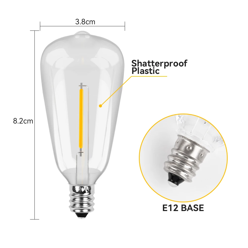 8PCS Plastic ST38 Replacement Bulb Edison LED Light Bulb E12 Socket 1W Warm White Vintage LED Bulb for String Lights Outdoor