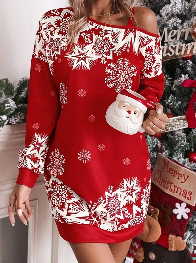 

Womens Dresses 2023 Spring Fashion Snowflake Print Diagonal Collar Long Sleeve Casual Daily Mini Christmas Dress Woman Clothing