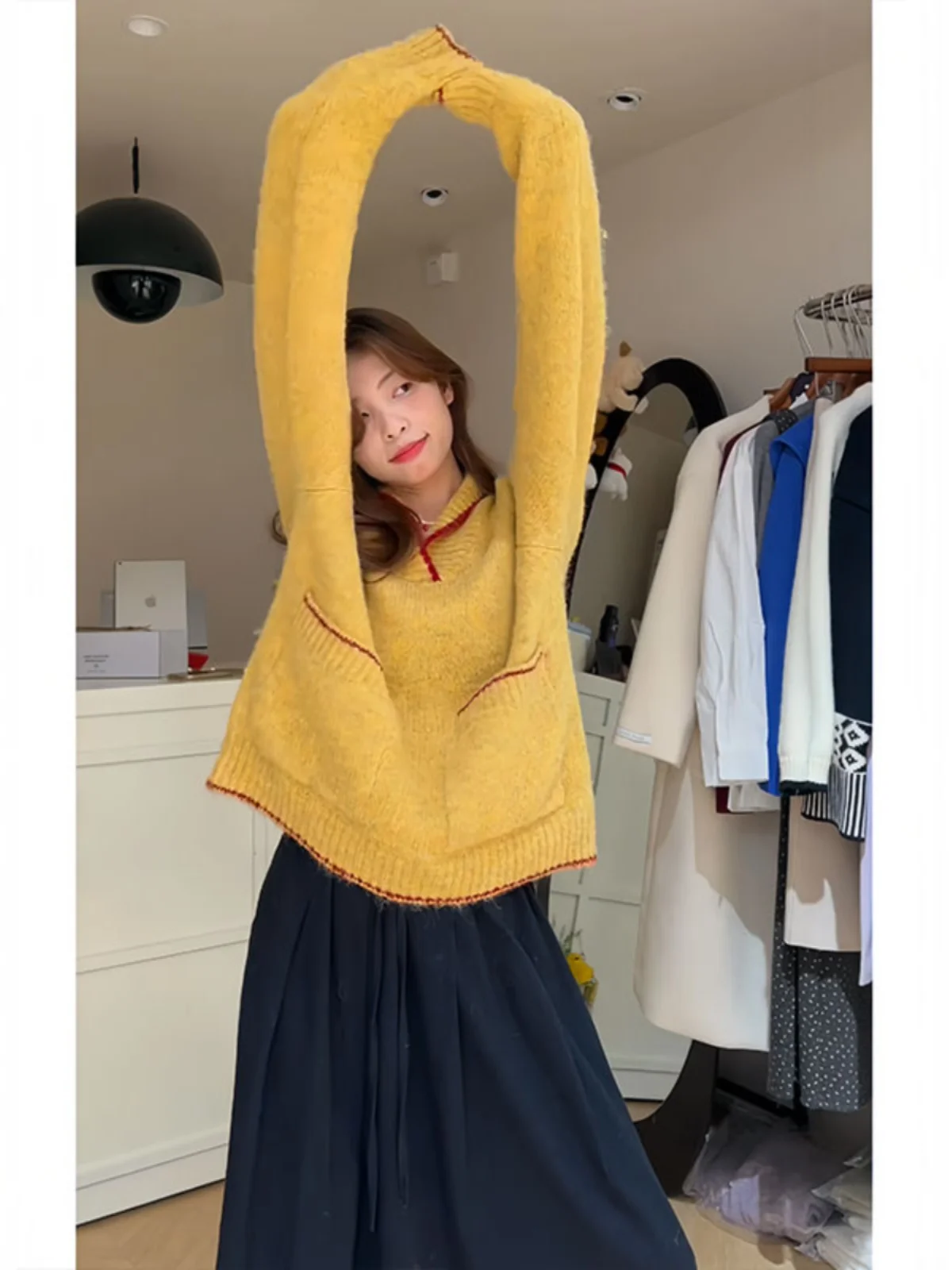 

Женский трикотаж в стиле ретро Lazy Sle, свободный длинный желтый свитер свека, милый осенне-зимний новый корейский модный топ