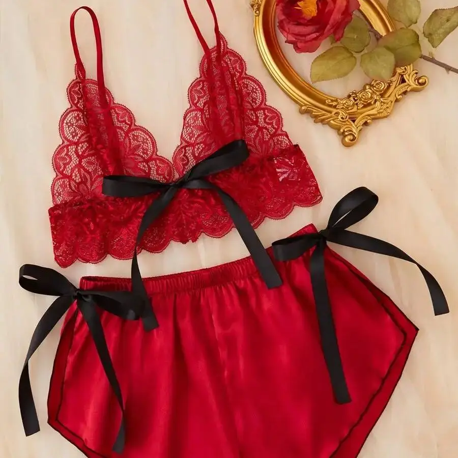 Women\'s Lace Bra Sleepwear Sets Red Seamless Underwear Backless Vest Sexy Lingerie See Through Bra & Shorts Set Intimates Bow