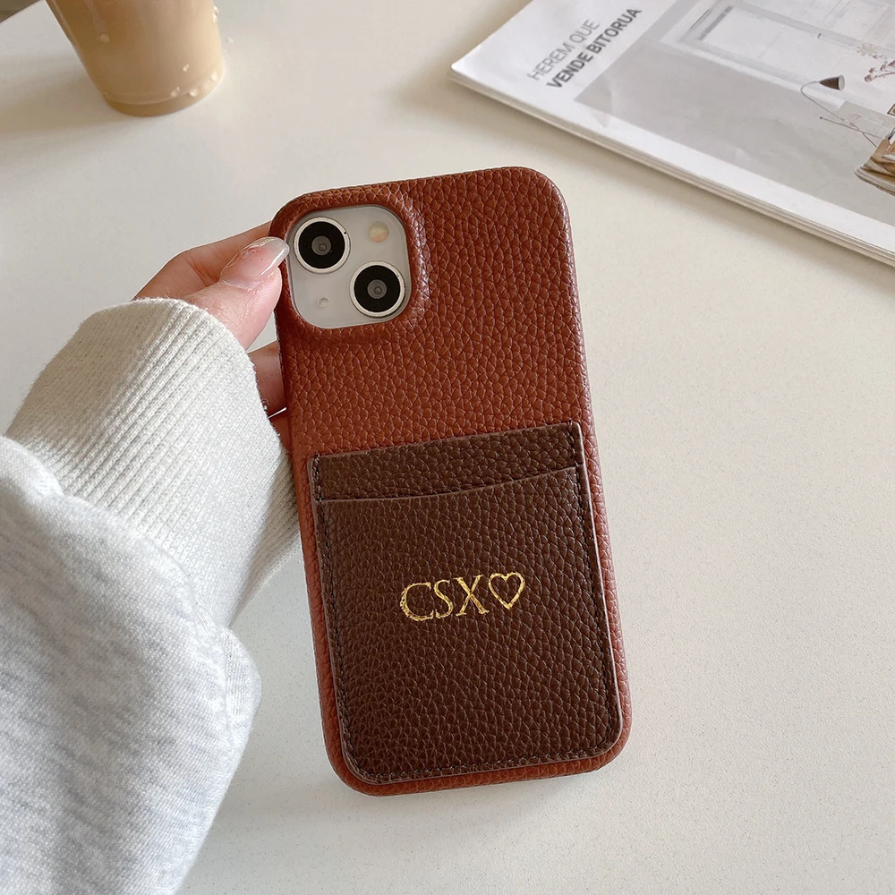 Customized card holder leather phone case letter engraving name for iPhone16 15 14 13 12 11 Pro Max 16 15Plus Personalized Cover