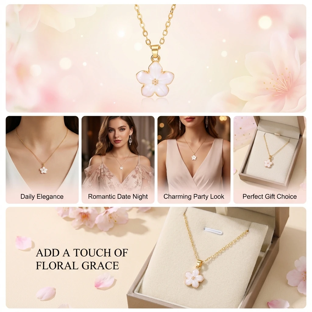 Dainty Sakura Cherry Blossom Choker Necklace for Women Enamel Flower Pendant Clavicle Chain Spring Party Jewelry Wish Card Gift