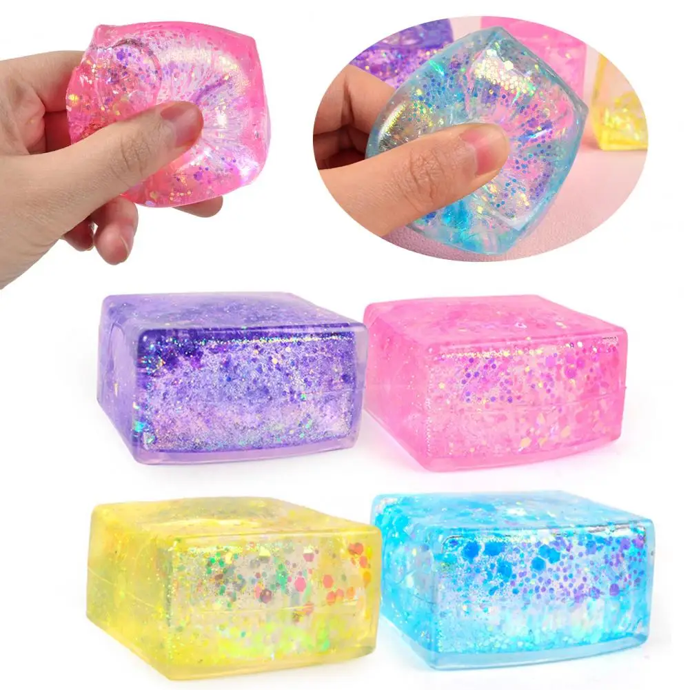 Ice Cube Stress Ball Stress Relief Toy Sequins Ice Cube Squeeze Toy Maltose Square for Quick Recovery Soft Tpr Pinch for Stress