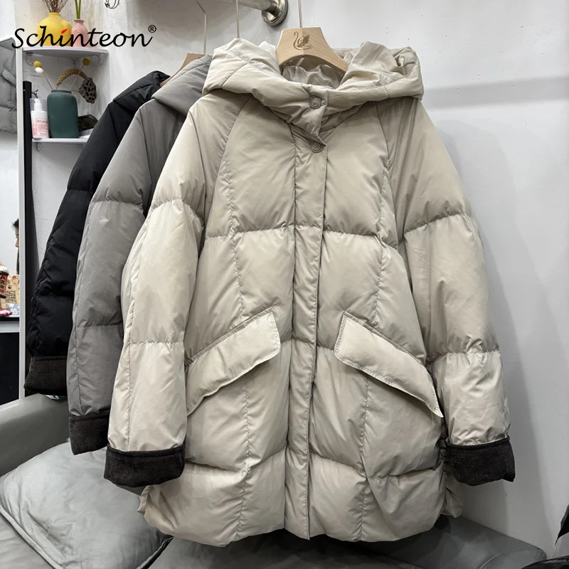 Kurtka puchowa damska Schinteon, biała, z kaczym puchem, jesienno-zimowa, ciepła odzież wierzchnia z kapturem, luźny krój oversize, nowość 2025, realne zdjęcia.