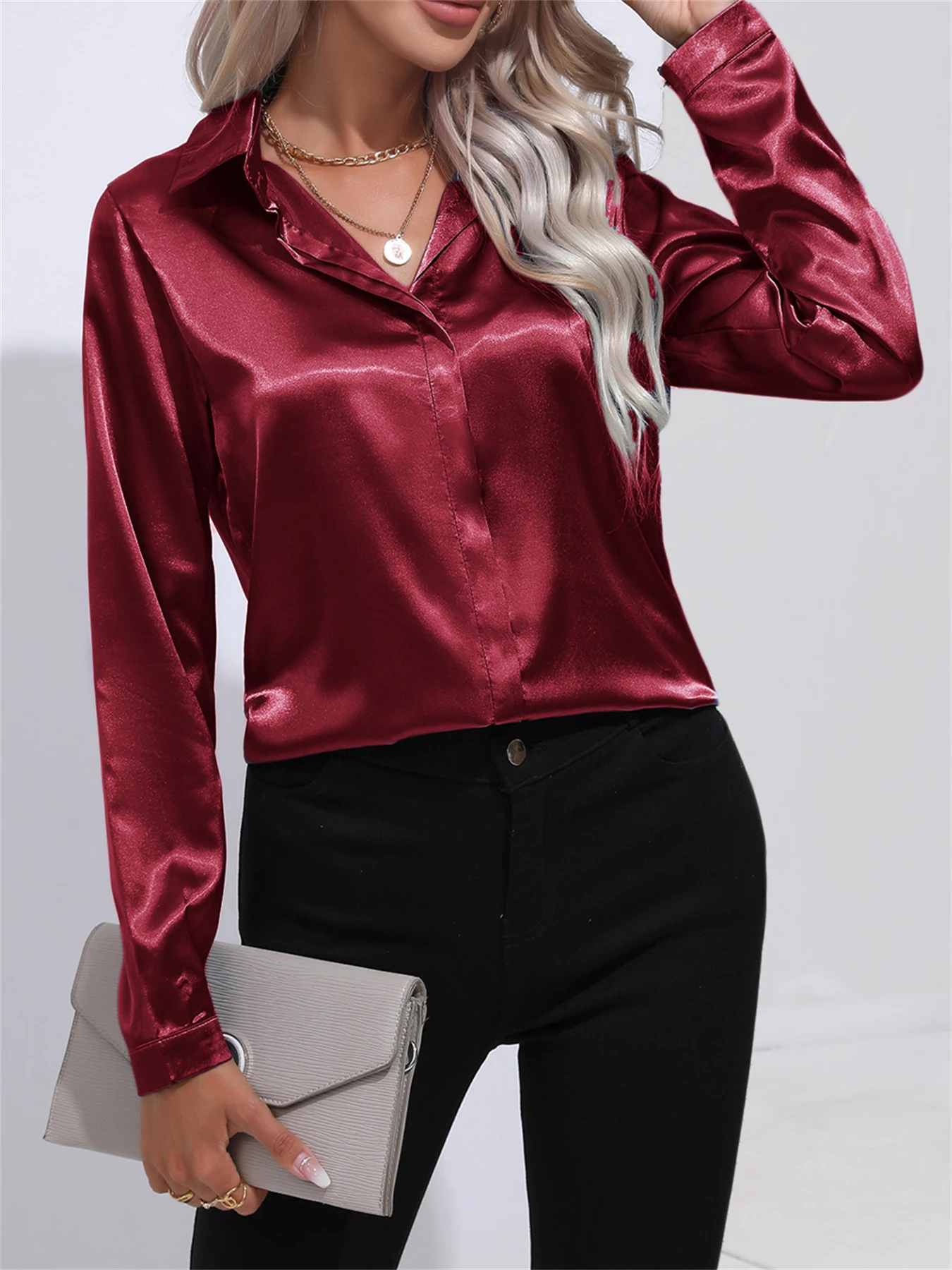 Shirts & Blouses Elegant Turn-Down Collar One Button Satin Long Sleeve Shirt For Women Office Blouse Chemises Et Blouses