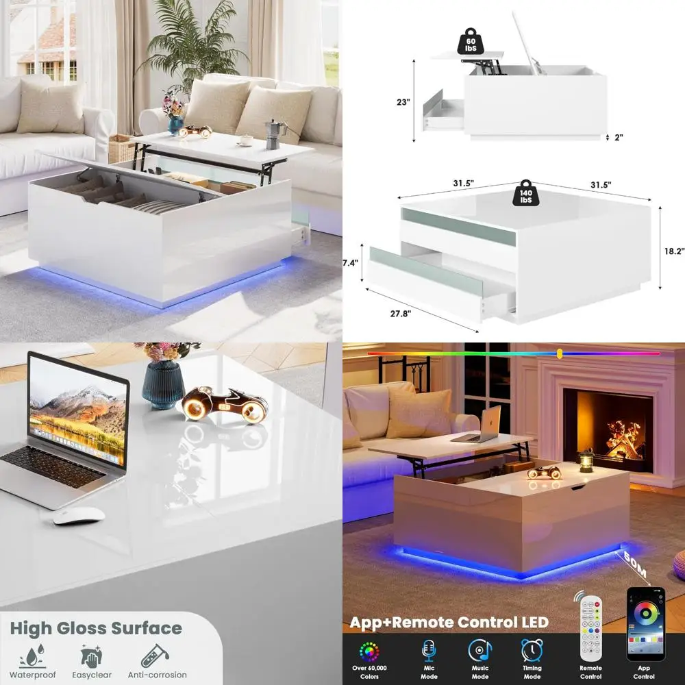 Modern White Square Coffee Table with Lift Top, LED Lighting, and Storage for Living Rooms