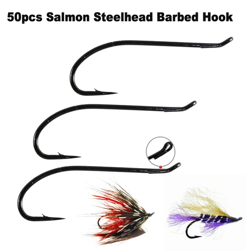 Imagen 1 del producto 100 Uds Eupheng EP-TMC7999 anzuelo de pesca con mosca húmeda con cabeza de acero salmón níquel negro ojo de bucle cónico volteado hacia arriba