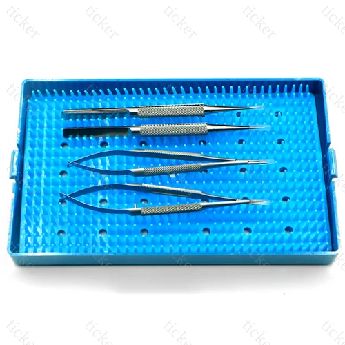 Imagen 2 del producto Oftalmología Juego de sutura de microinstrumento de 4 piezas, tijeras corneales quirúrgicas manuales de acero inoxidable, pinzas de aleación de titanio