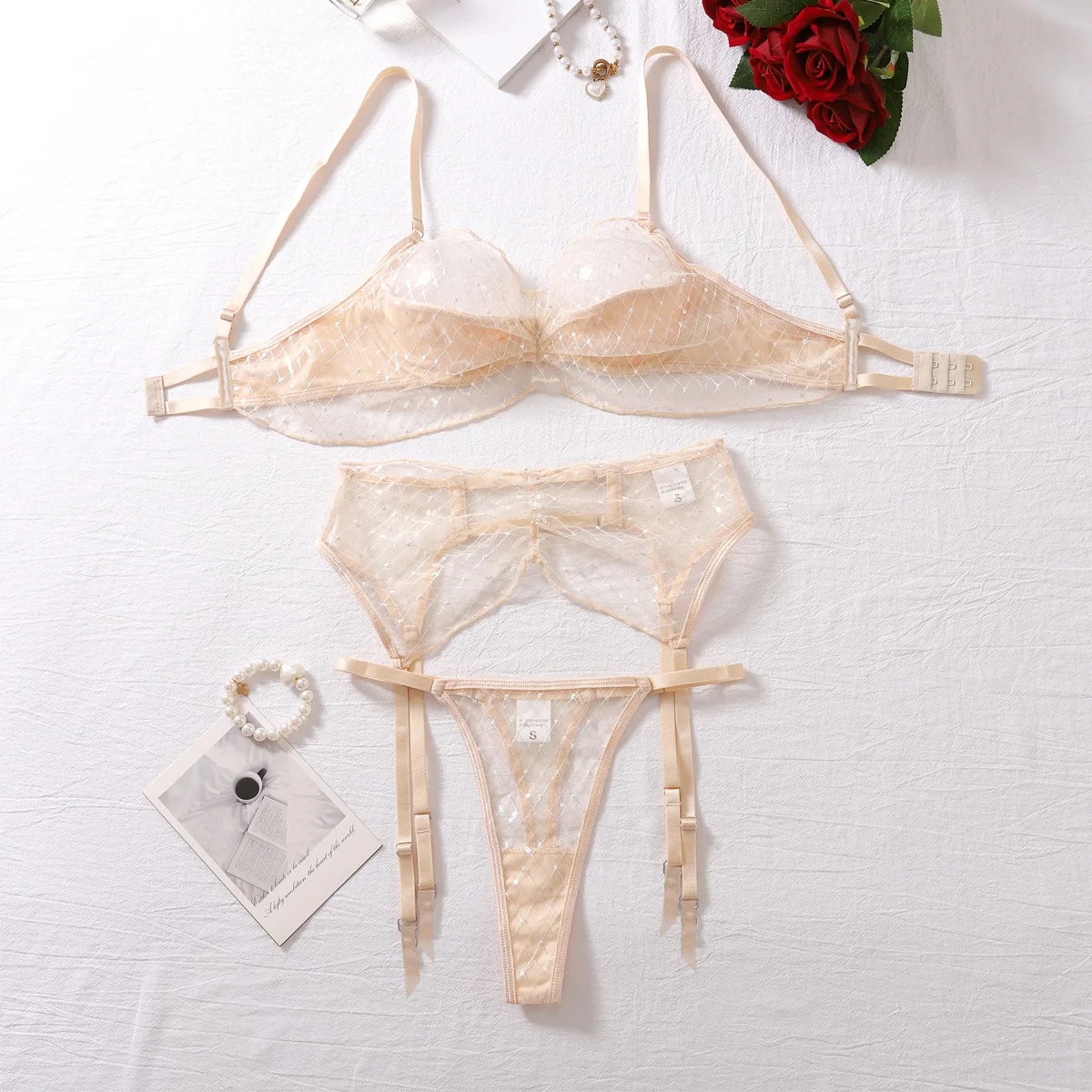 

Lovermore Sensual Lace Lingerie Sexy See Through Bra and Panty Set Uncensored 3 Pieces Fancy Underwear Women Mesh Bralette Sets