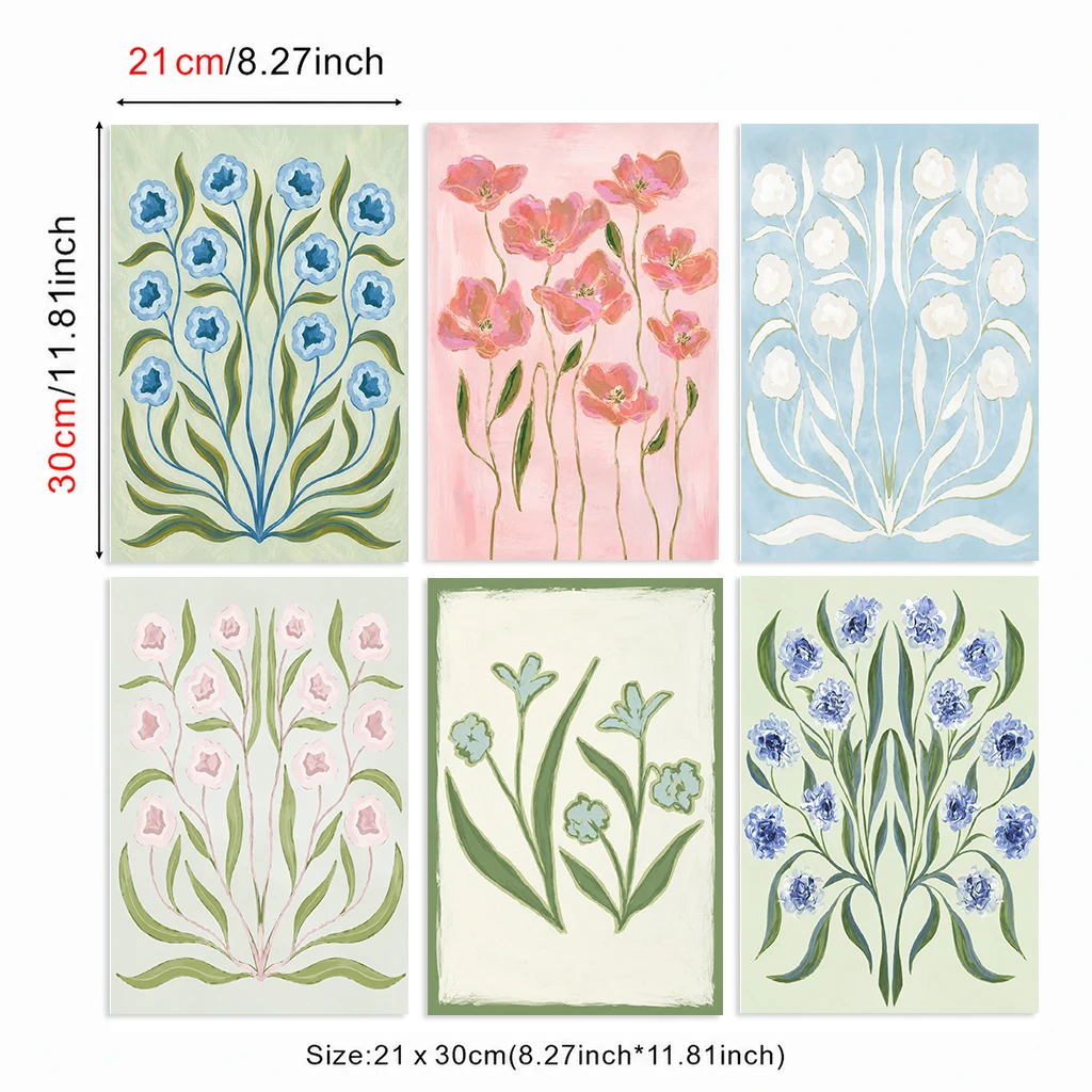 Set of 6 Floral Botanical Canvas Poster Blue Pink White Flower Green Leaf Symmetrical Garden Pastel Bloom Elegant Wall Art