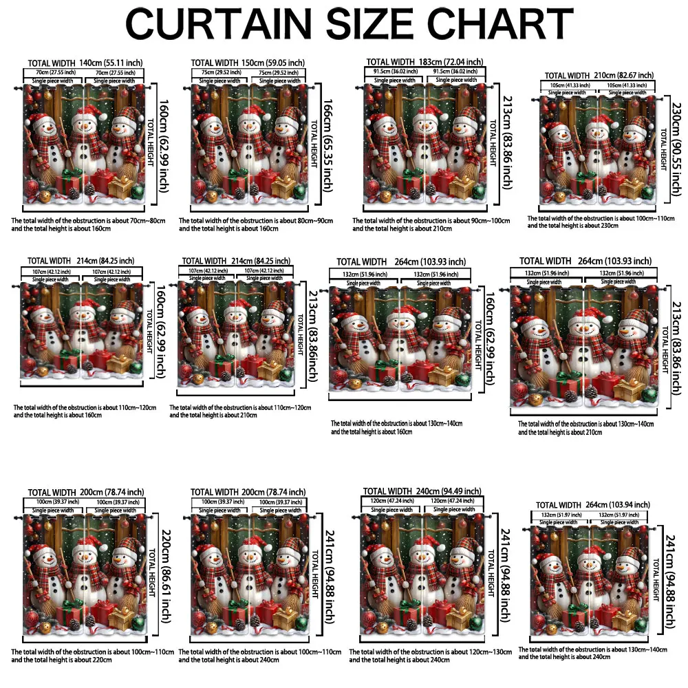 90-gram, two-piece printed curtains with a Christmas-themed snowman decoration scene. Can be machine-washed.
