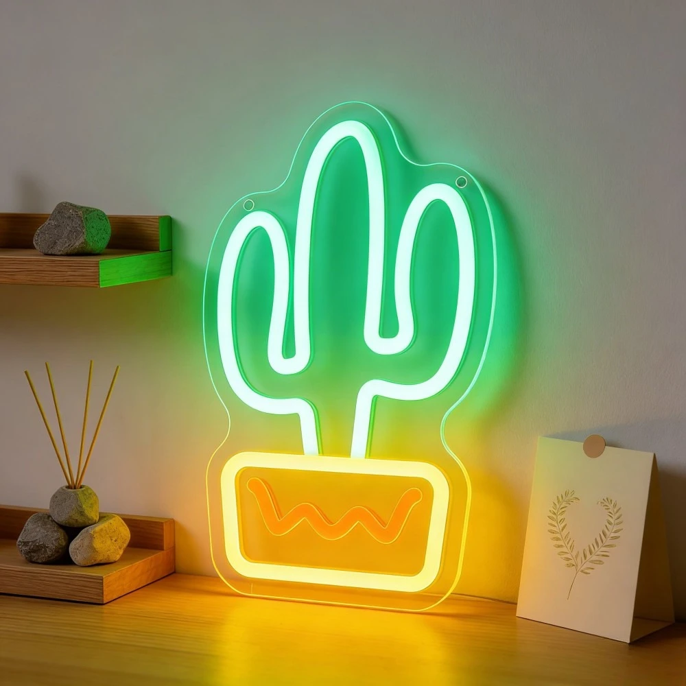 サボテンネオンサインusb調光ledウォールライトグリーンイエローグロー、自宅オフィス寝室デスク棚装飾用、モダンな植物ギフトアイデア
