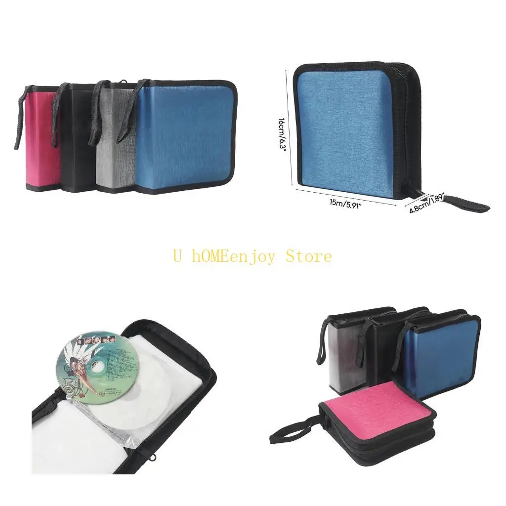 B0KF Portable DVD Case- 40 Capacity Mercerized Fabric Storage Bag Holder with Zipper for Home Car DVD Box Bags