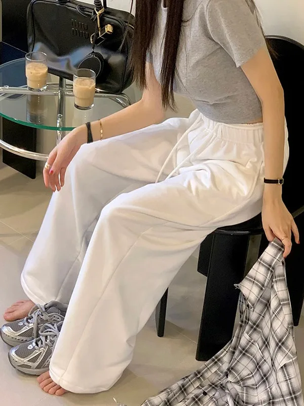 하이 웨이스트 끈 팬츠 여성용 시크한 가을 겨울 패션 디자인 루즈 와이드 레그 팬츠 롱 트라우저