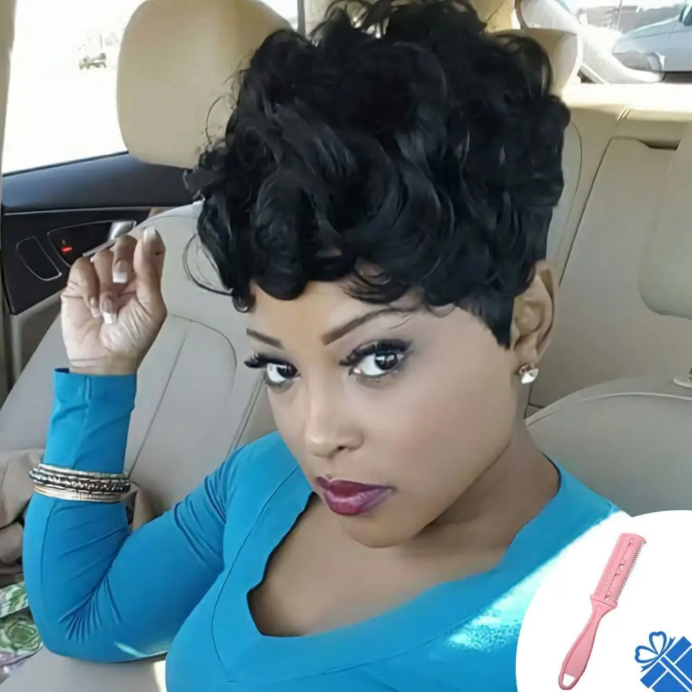 Short Pixie Wigs for Black Women Short Black Curly Pixie Wigs Synthetic Hair Wigs for Black Women Natural Wavy Black Pixie Cut