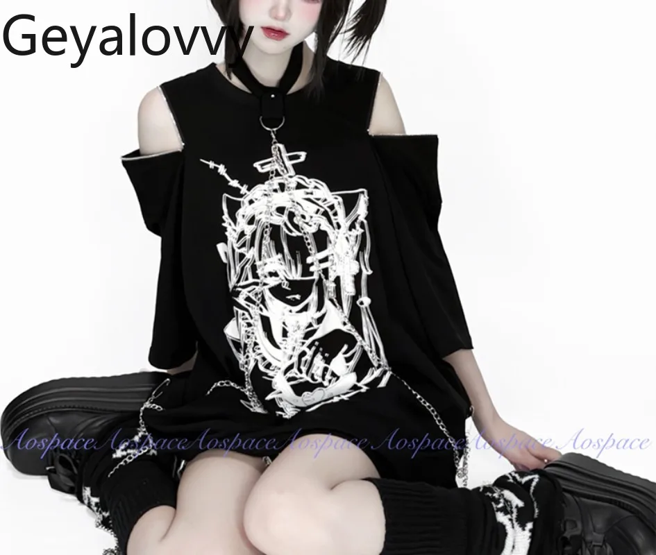 

Japanese Style Original Off-Shoulder Subculture Print Halter Neck Off-Shoulder T-Shirt Summer New Short Sleeve Round Neck Top