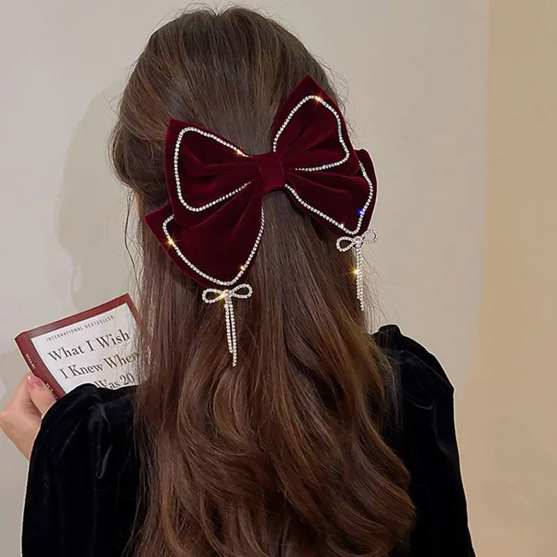 

New diamond studded bow tassel spring clip princess style exquisite luxury retro fashion hair accessory