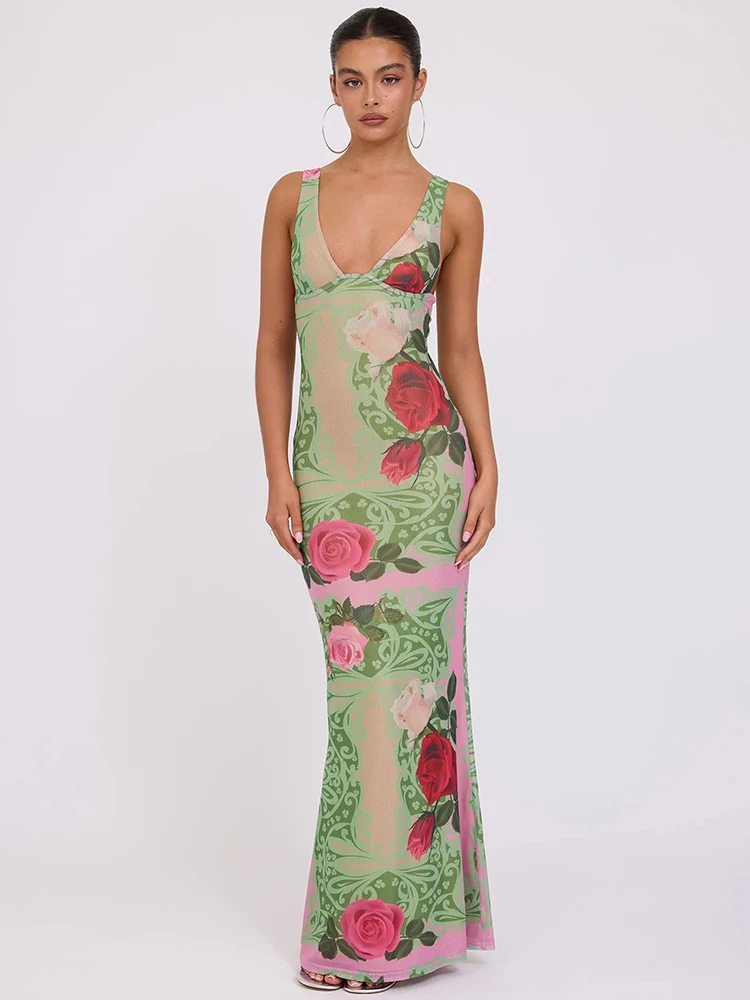 Mozision Deep V Neck Floral Print Maxi Dress For Women Fashion Green Sleeveless Backless Bodycon Club Party Sexy Long Dress