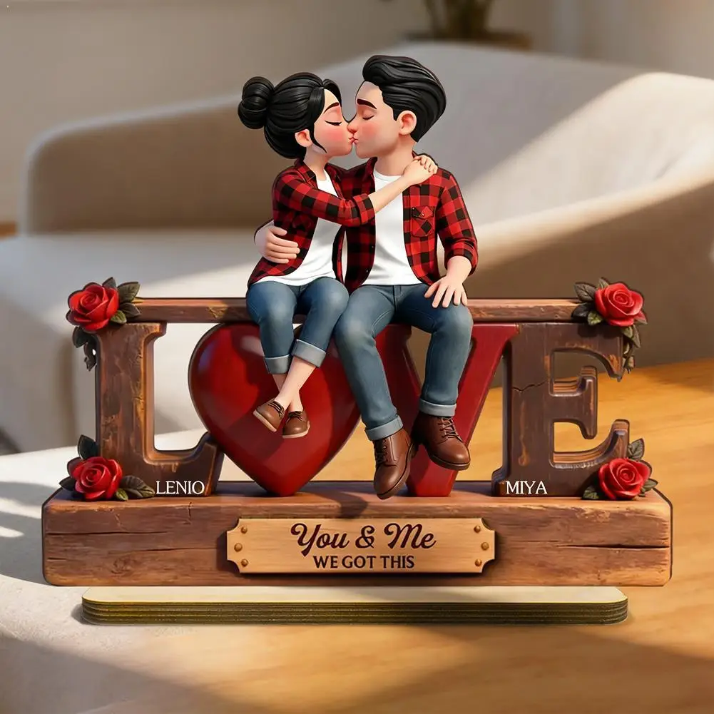 Roses LOVE Couple Kissing Personalized Two-Layer Wooden Commemorative Plaque - Gift For Girlfriend On Anniversary