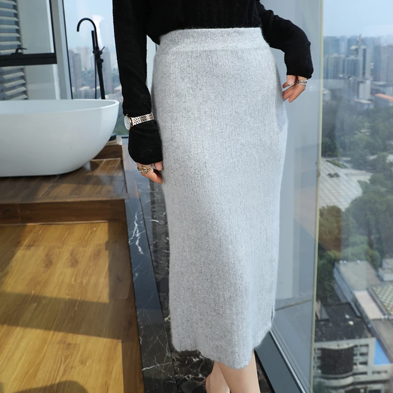 100% Mink Cashmere Skirt Women's Knitted Midi Skirt Slim Fashion Side Slit One-step Skirt Hip Hugging Skirt Slimming Winter