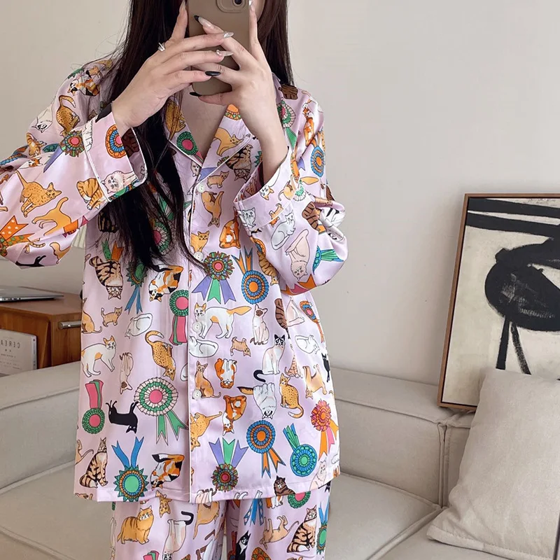 Women\'s Pajamas Sets Spring Autumn 2 Piece Animal Print Pyjama Faux Silk Satin Sleepwear Long Sleeve Pijama Mujer Pjs Homewear