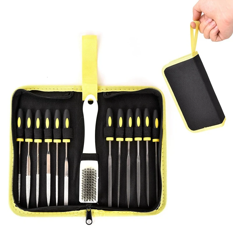 13PCS Needle Files Set,6 Diamond Files & 6 Steel File Sets And Cleaning Brush & Case With Handle