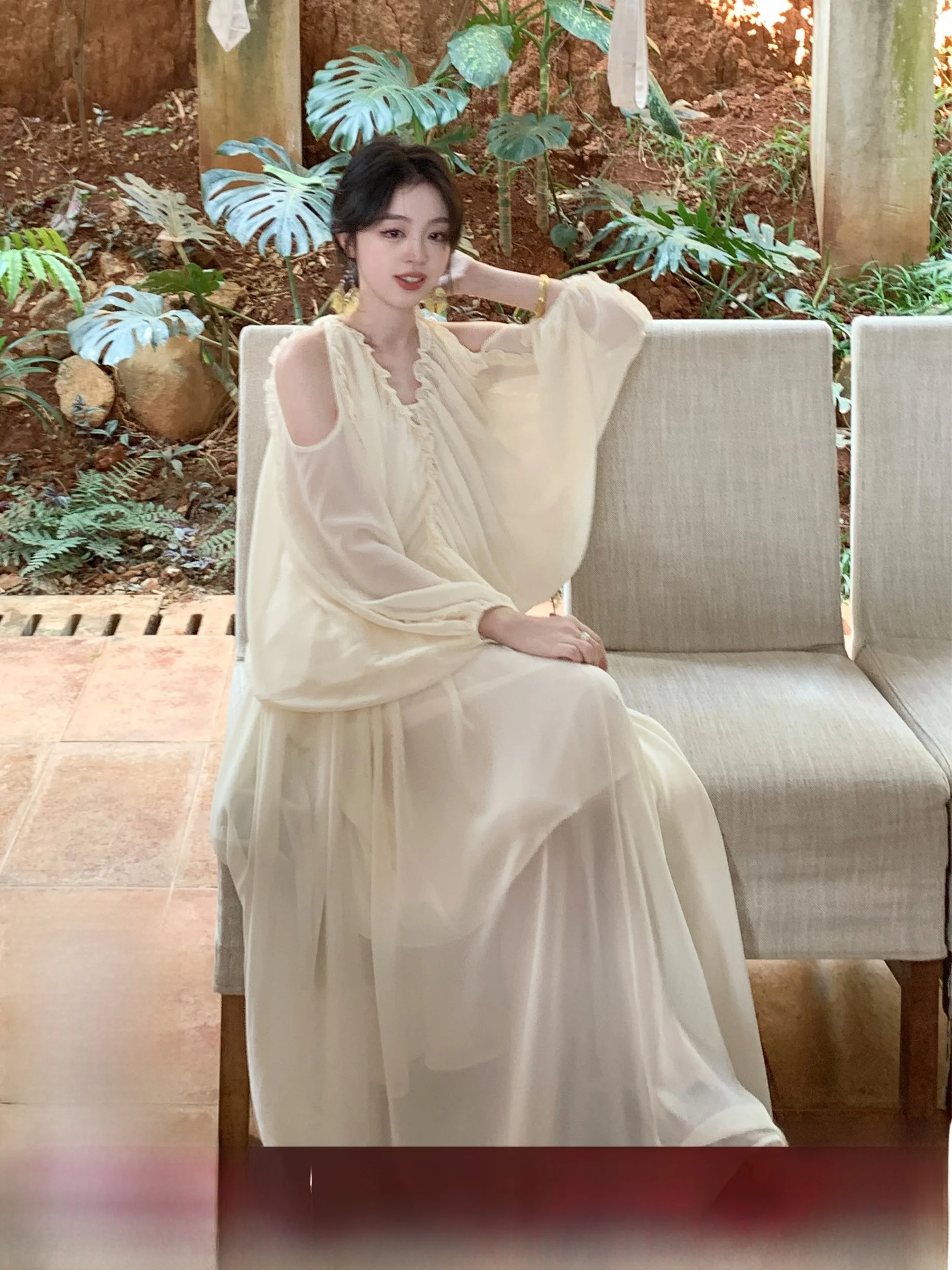 

Vaion Sle oulder Bared V-ne Fairy Skirt Long Sve Bat Wing Sve Dr Women High Waist Soft Fabric Ci Commute