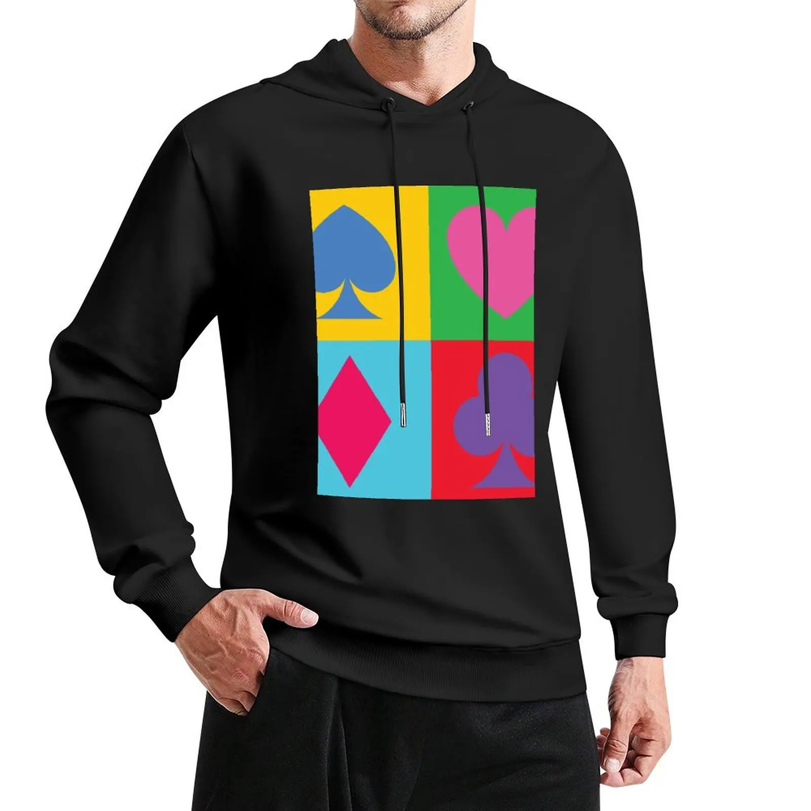 Pop Art Playing Card Suits - Spades, Hearts, Diamonds, Clubs. For duplicate bridge players. Pullover Hoodie