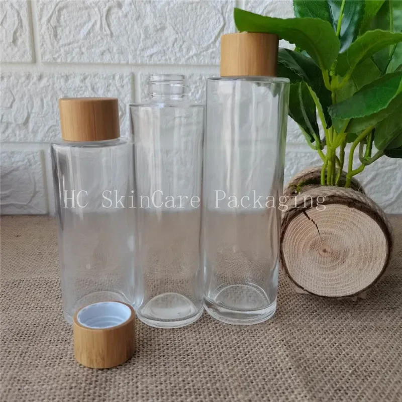 

Clear Glass Cosmetic Lotion Bottle with bamboo screw cap lid Environmental bamboo lid glass bottles with bamboo wood caps