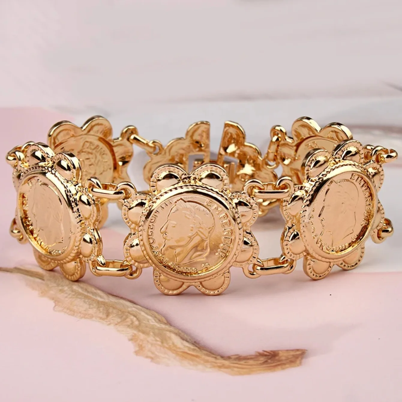 Arabic Trendy Gold Plated Coin Chain Bracelets for Women Muslim Turkish Bridal Jewelry Lucky Totem Charm Bracelet