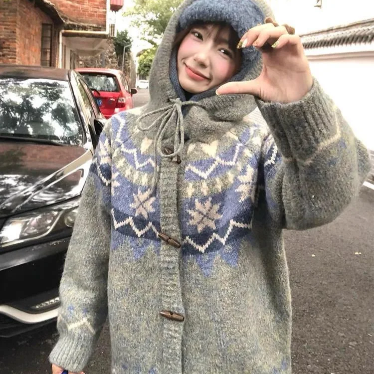 

Женский кардиган с капюшоном, свитера, жаккардовые джемперы, вязаные однобортные свободные с длинными рукавами и рогом Y2k, повседневная осень-зима 2025