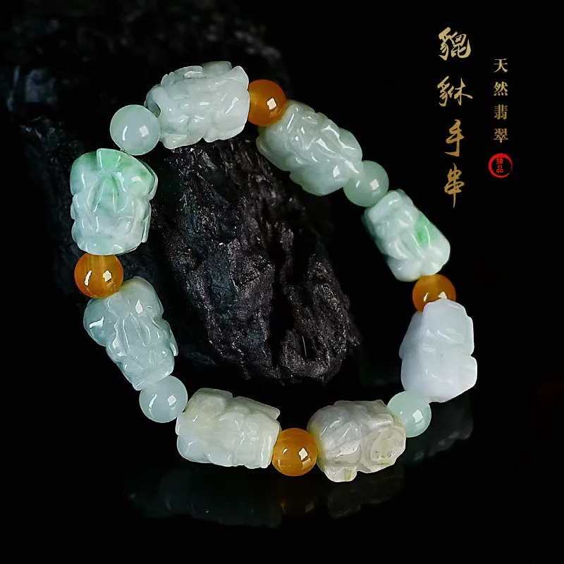Natural Myanmar A-grade Jadeite Tri-Colored Jade Bracelet Pixiu Design Wholesale Direct From Factory Jewelry Drop Shipping