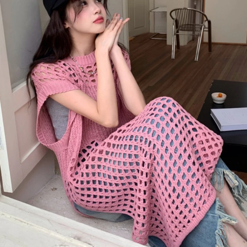 Vestido suéter feminino de malha em camadas cor sólida oco solto sem mangas colete vestido em torno do pescoço estilo viajante vestido 2025 novo