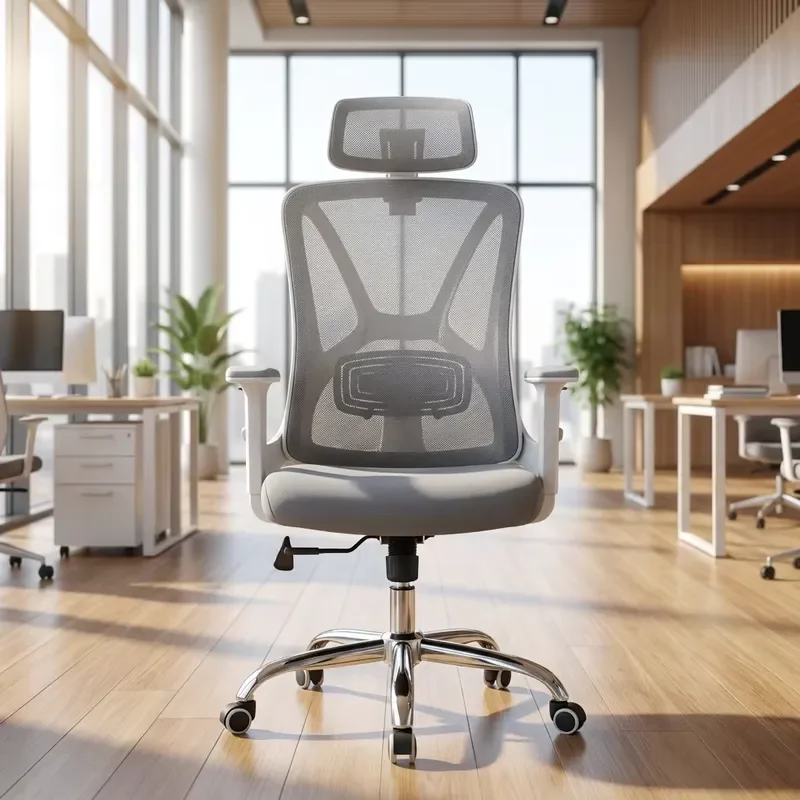 Ergonomic Grey Mesh Office Chair Adjustable Headrest Polished Chrome Base Modern Workspace Computer Desk Seating Furniture