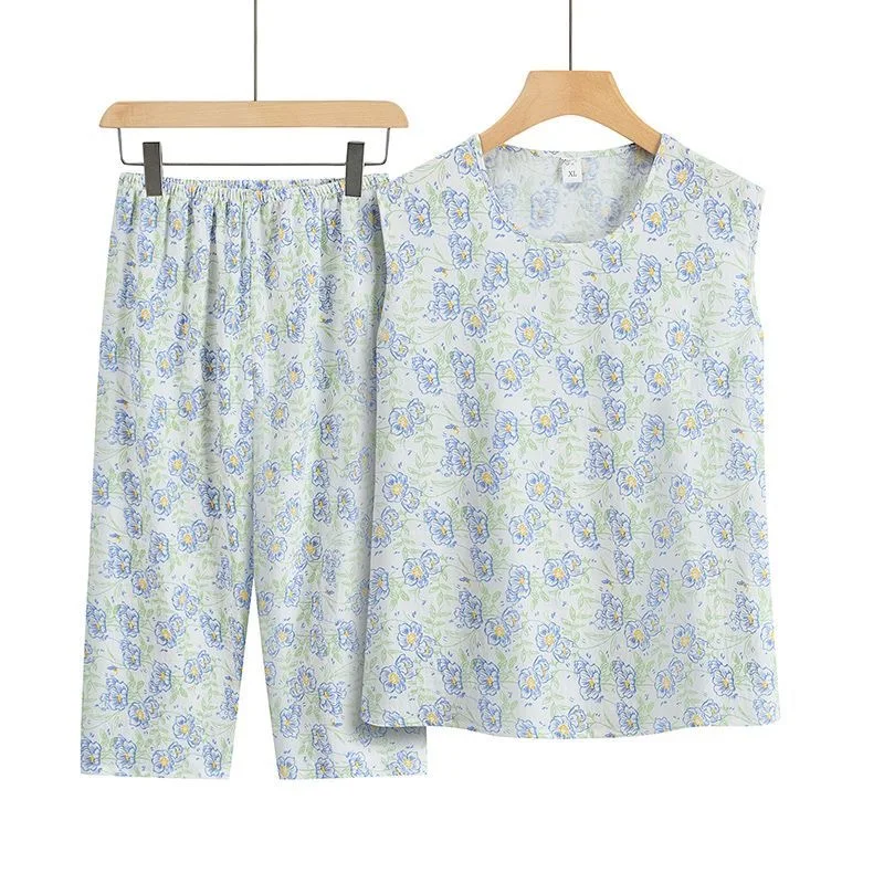 女性のための2ピースの花柄のパジャマ,だぶだぶのパジャマ,中央の母親のためのノースリーブの服,ベスト,4xl,夏