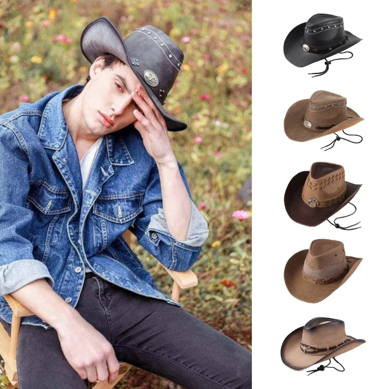 

Vintage Cowboy Hat Large Metal Ox Head Brim Hat Cosplay Hat Faux Leather Cowboy Hat Accessory for Summer Sunproof Dropshipping