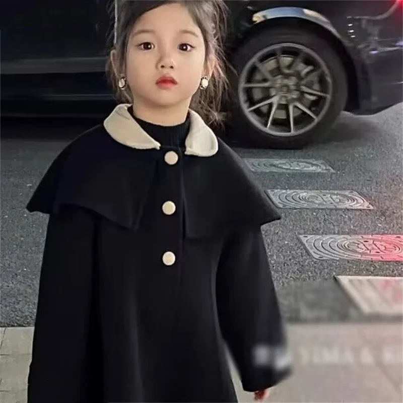 Girls Woolen Coat Jacket Windbreak 2024 Black Warm Thicken Winter Cotton Overcoat Christmas Teenagers Children's Clothing