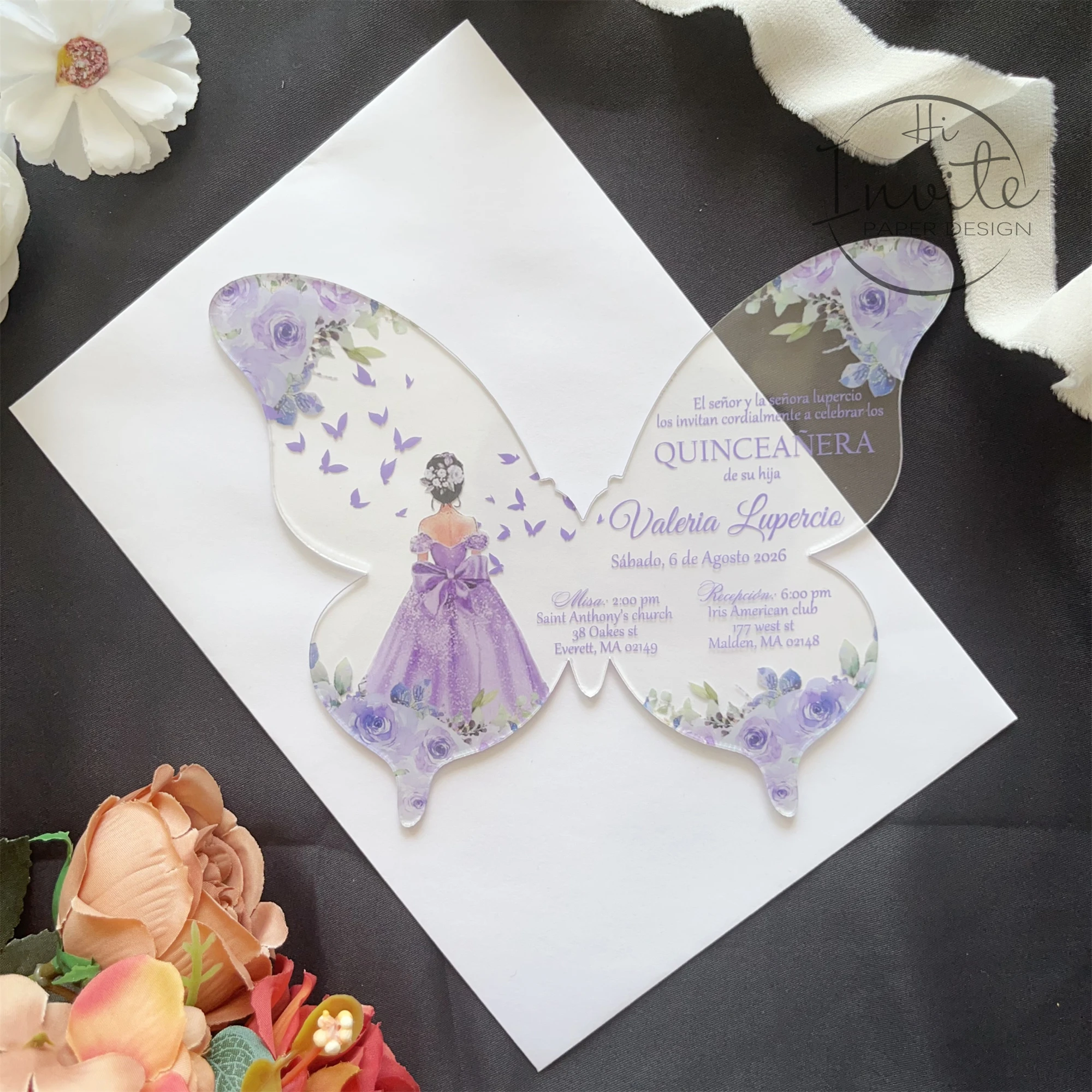 

Lavender Floral Butterfly Quinceañera Spanish Invitation, Acrylic Butterfly invites, Light Purple Sweet 15 Invite