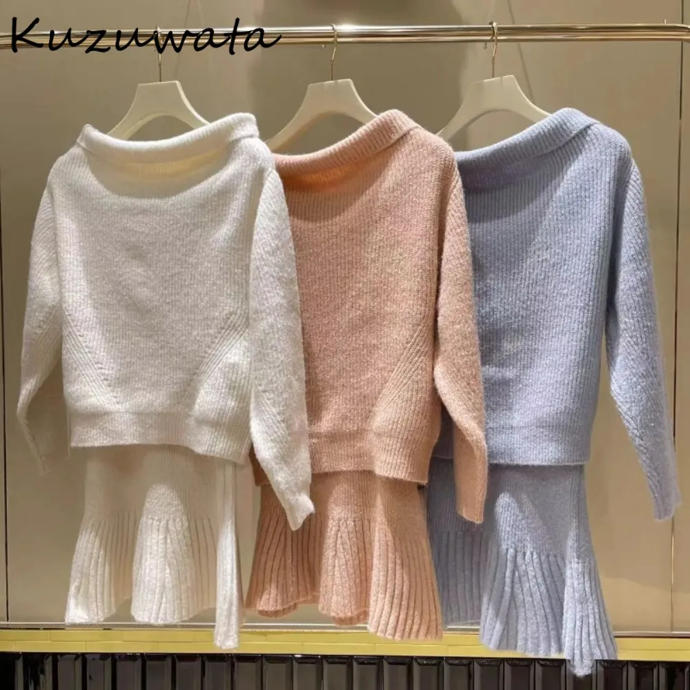 Kuzuwata Playful Sweet Elegant Slash Neck Off Shoulder Set Sweaters High Waist Mermaid Bodycon Skirt Japan Knit Slim Suit Dress