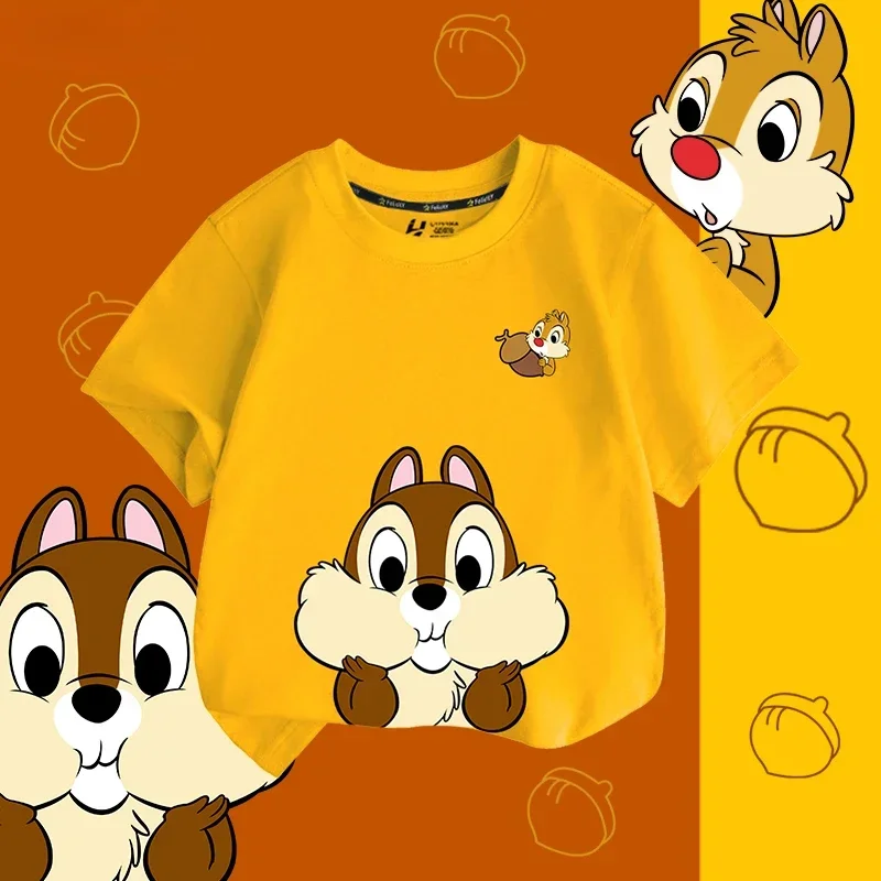 

Детская летняя футболка из 100% хлопка с принтом Чипов и Дейл Диснея, уличная повседневная удобная одежда для родителей и детей для детей