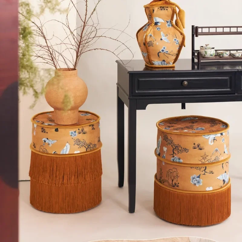 Chinese style pine crane fringed stool French Exquisite patterns low stool for Living room bedroom Makeup stool Small furniture
